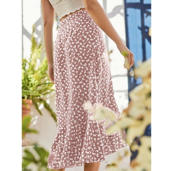 Ditsy Floral Print Ruffle Trim Knot Side Skirt dusty Pink - Picture 2 of 7